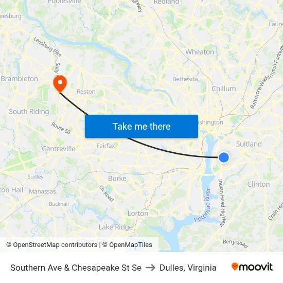 Southern Ave & Chesapeake St Se to Dulles, Virginia map