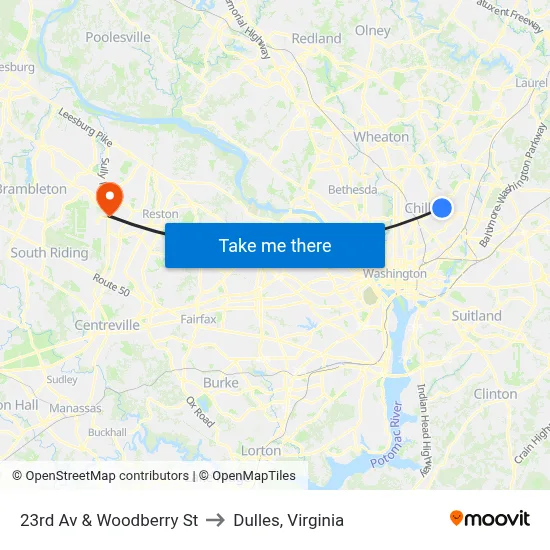 23rd Av & Woodberry St to Dulles, Virginia map