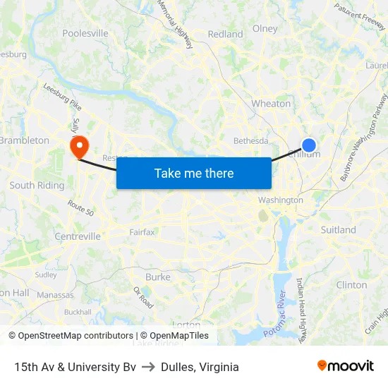 15th Av & University Bv to Dulles, Virginia map
