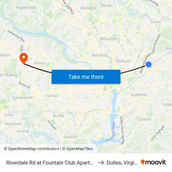 Riverdale Rd at Fountain Club Apartments to Dulles, Virginia map