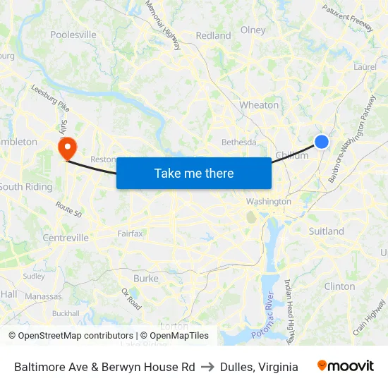 Baltimore Ave & Berwyn House Rd to Dulles, Virginia map