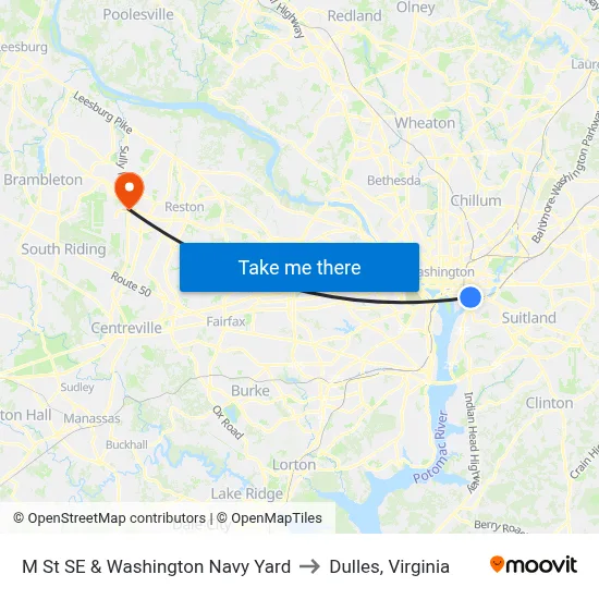 M St SE & Washington Navy Yard to Dulles, Virginia map