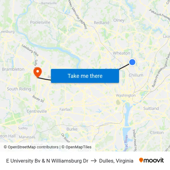 E University Bv & N Williamsburg Dr to Dulles, Virginia map