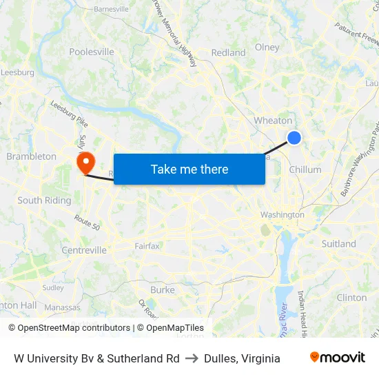 W University Bv & Sutherland Rd to Dulles, Virginia map