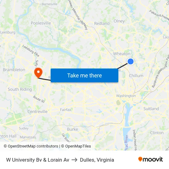 W University Bv & Lorain Av to Dulles, Virginia map