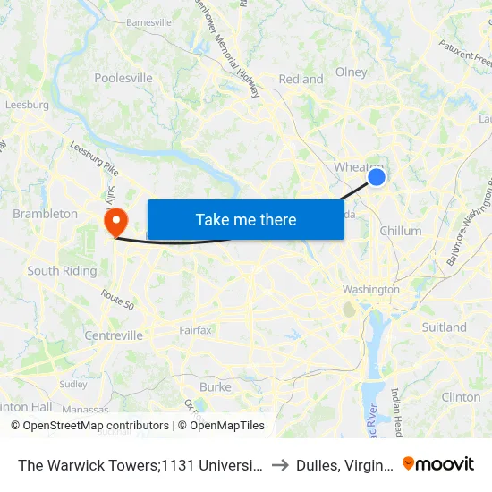 The Warwick Towers;1131 University to Dulles, Virginia map