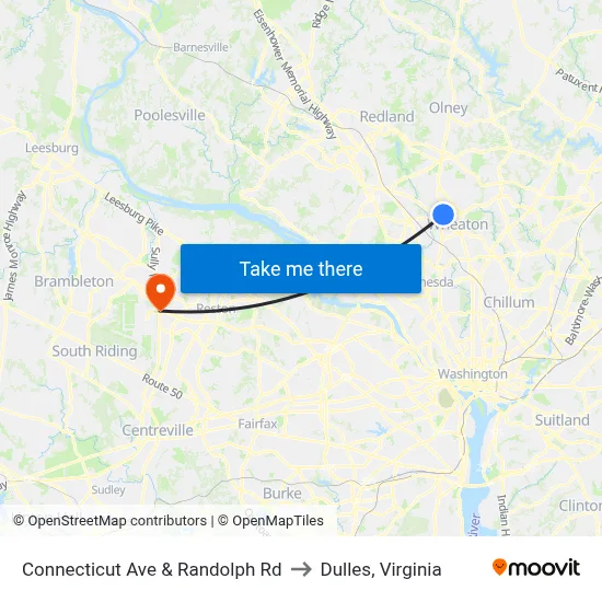 Connecticut Ave & Randolph Rd to Dulles, Virginia map