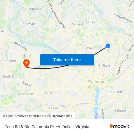 Tech Rd & Old Columbia Pi to Dulles, Virginia map