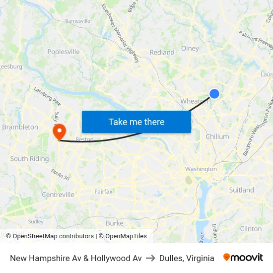 New Hampshire Av & Hollywood Av to Dulles, Virginia map