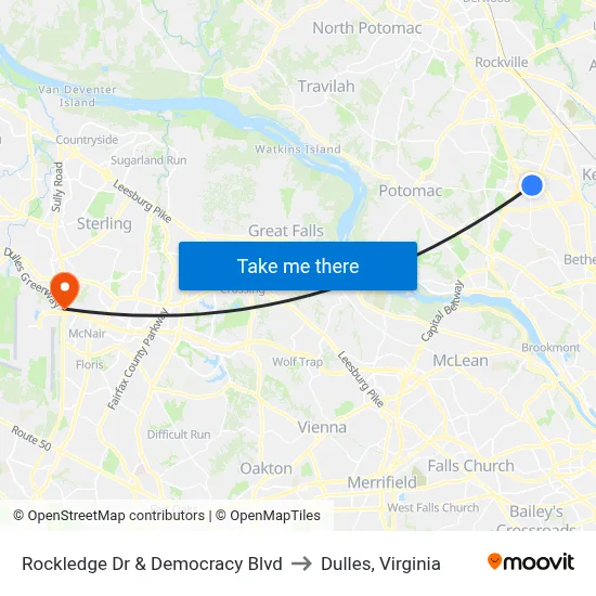 Rockledge Dr & Democracy Blvd to Dulles, Virginia map