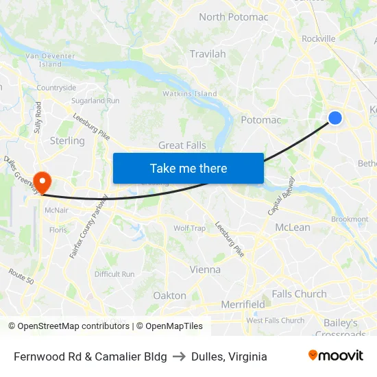 Fernwood Rd & Camalier Bldg to Dulles, Virginia map