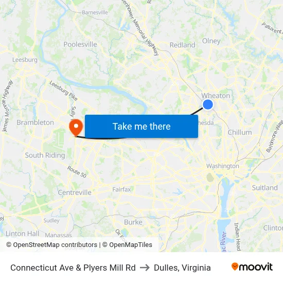 Connecticut Ave & Plyers Mill Rd to Dulles, Virginia map