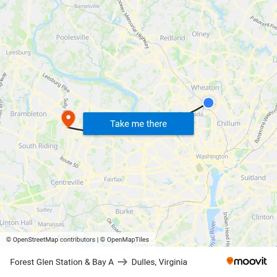 Forest Glen Station & Bay A to Dulles, Virginia map