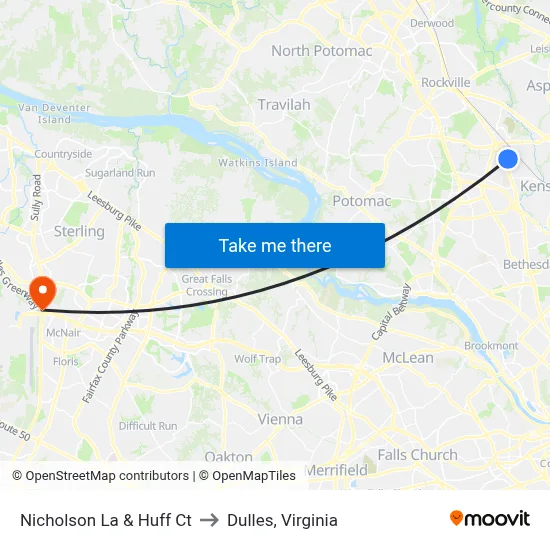 Nicholson La & Huff Ct to Dulles, Virginia map