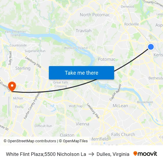 White Flint Plaza;5500 Nicholson La to Dulles, Virginia map
