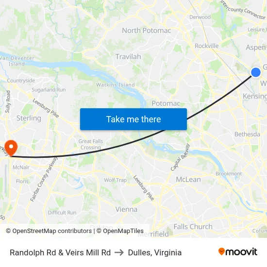 Randolph Rd & Veirs Mill Rd to Dulles, Virginia map