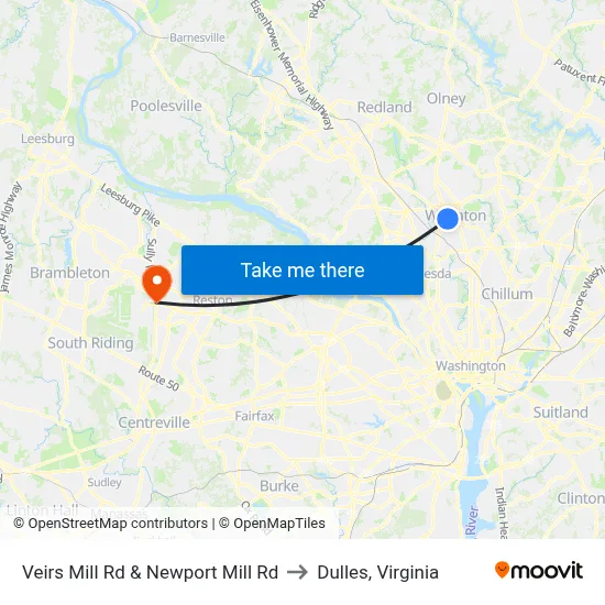 Veirs Mill Rd & Newport Mill Rd to Dulles, Virginia map
