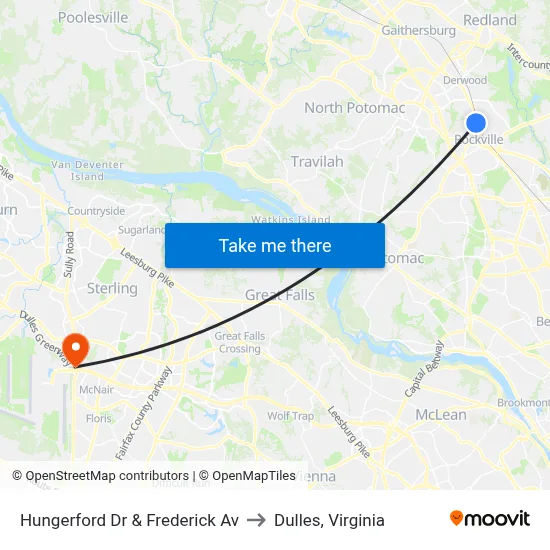 Hungerford Dr & Frederick Av to Dulles, Virginia map