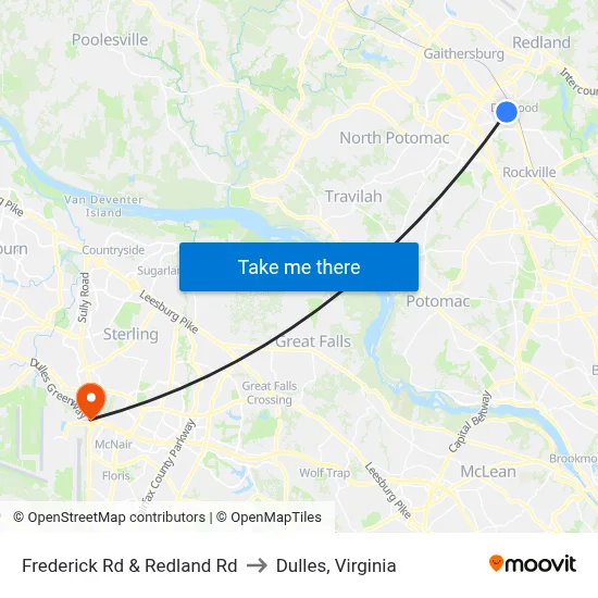 Frederick Rd & Redland  Rd to Dulles, Virginia map