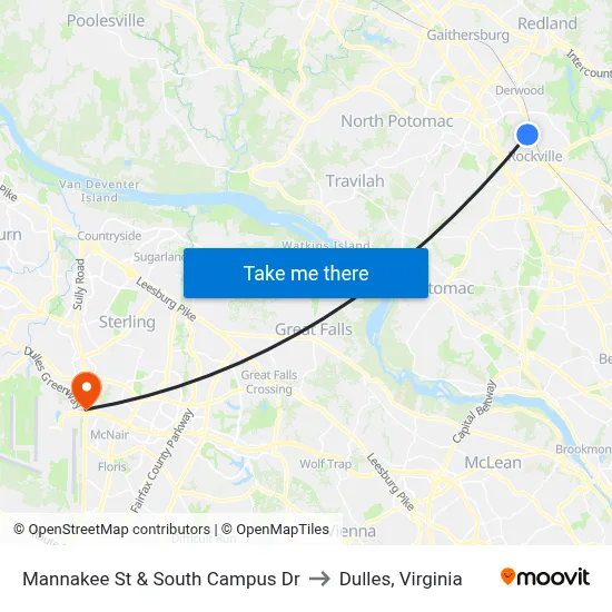 Mannakee St & South Campus Dr to Dulles, Virginia map