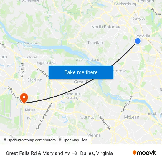 Great Falls Rd & Maryland Av to Dulles, Virginia map