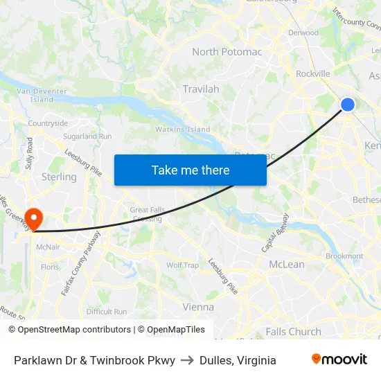 Parklawn Dr & Twinbrook Pkwy to Dulles, Virginia map
