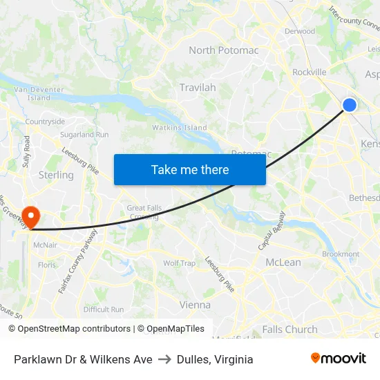 Parklawn Dr & Wilkens Ave to Dulles, Virginia map