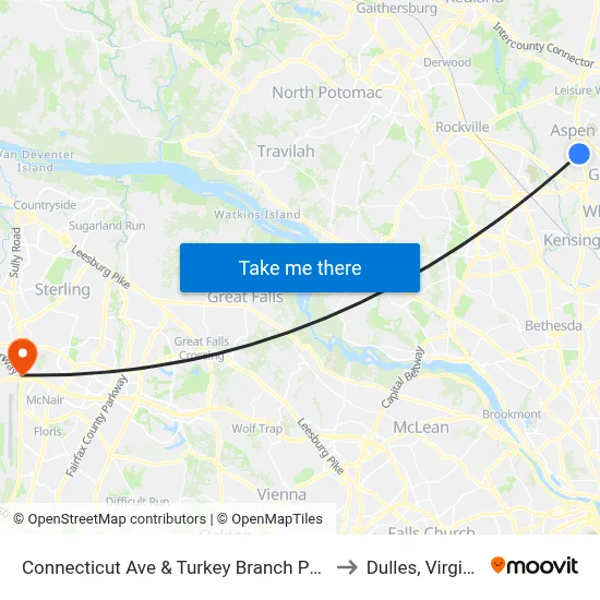 Connecticut Ave & Turkey Branch Pkwy to Dulles, Virginia map