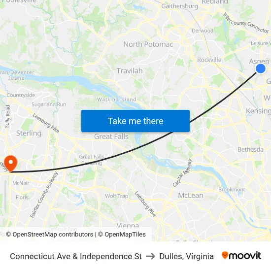 Connecticut Ave & Independence St to Dulles, Virginia map