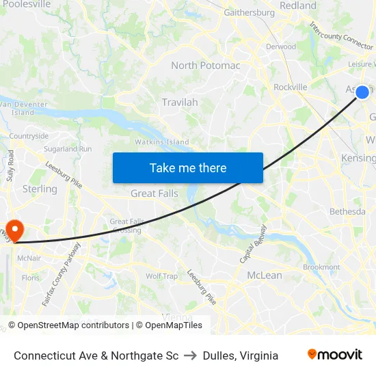 Connecticut Ave & Northgate Sc to Dulles, Virginia map