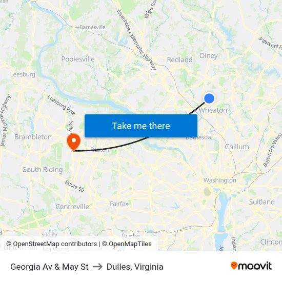 Georgia Av & May St to Dulles, Virginia map