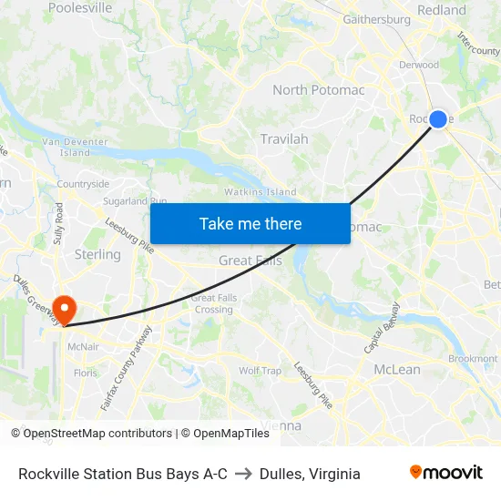 Rockville Station Bus Bays A-C to Dulles, Virginia map