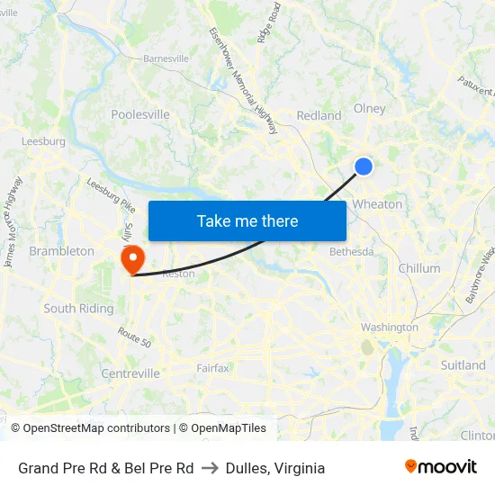 Grand Pre Rd & Bel Pre Rd to Dulles, Virginia map