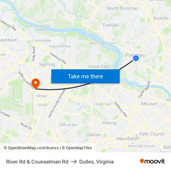 River Rd & Counselman Rd to Dulles, Virginia map
