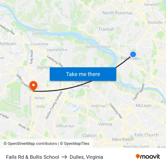 Falls Rd & Bullis School to Dulles, Virginia map