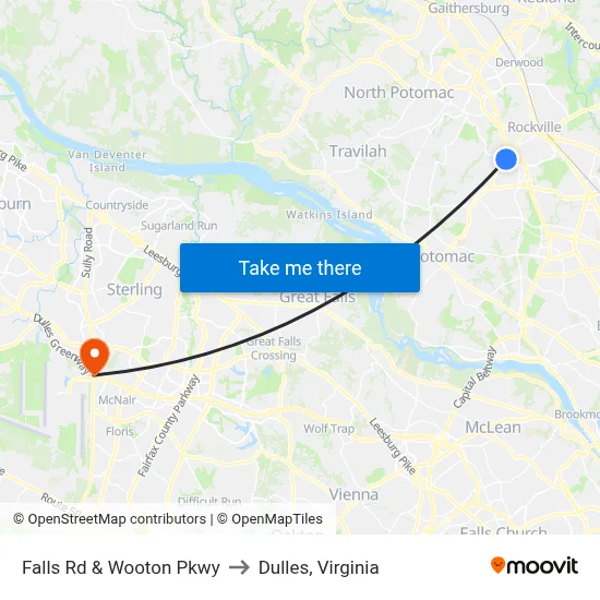 Falls Rd & Wooton Pkwy to Dulles, Virginia map