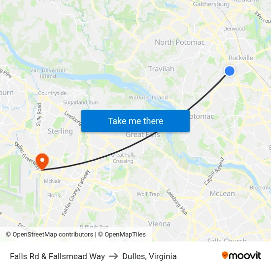 Falls Rd & Fallsmead Way to Dulles, Virginia map