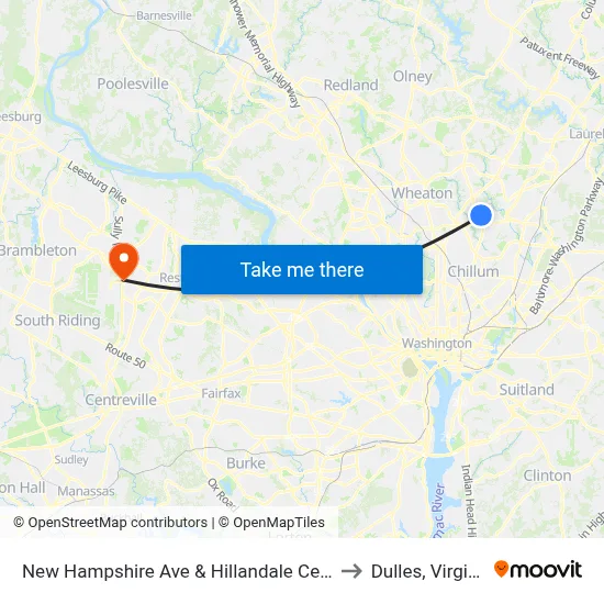 New Hampshire Ave & Hillandale Center to Dulles, Virginia map