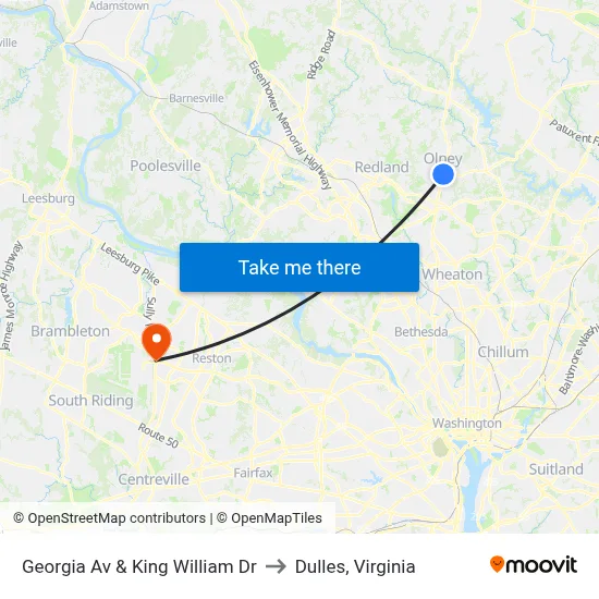 Georgia Av & King William Dr to Dulles, Virginia map