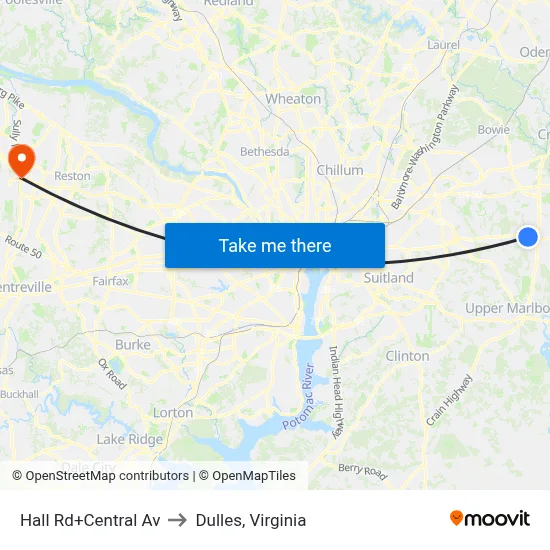 Hall Rd+Central Av to Dulles, Virginia map