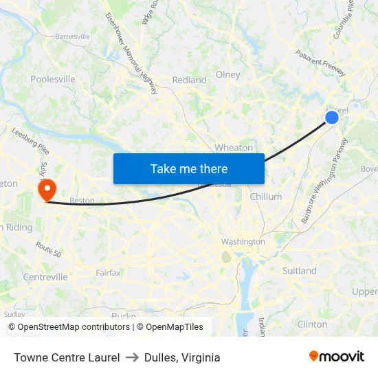 Towne Centre Laurel to Dulles, Virginia map