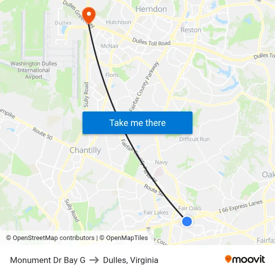 Monument Dr Bay G to Dulles, Virginia map