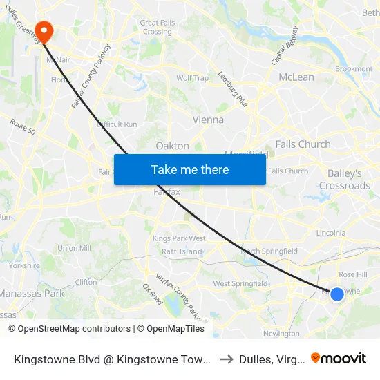 Kingstowne Blvd @ Kingstowne Town Centre to Dulles, Virginia map