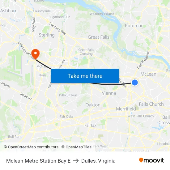 Mclean Metro Station Bay E to Dulles, Virginia map