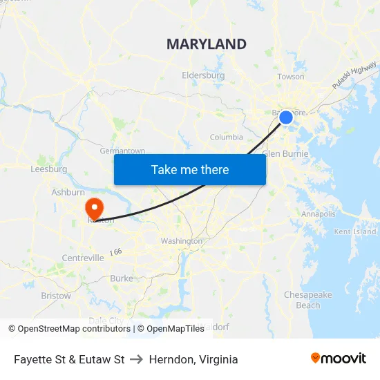Fayette St & Eutaw St to Herndon, Virginia map