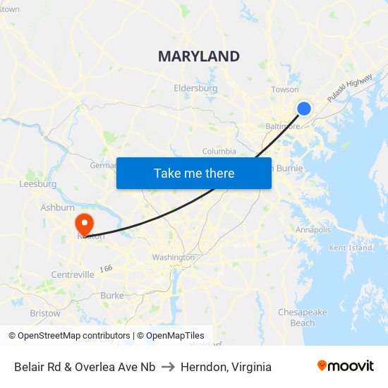 Belair Rd & Overlea Ave Nb to Herndon, Virginia map