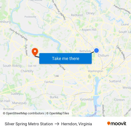 Silver Spring Metro Station to Herndon, Virginia map