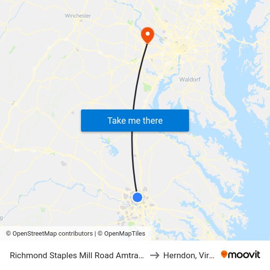 Richmond Staples Mill Road Amtrak Station to Herndon, Virginia map