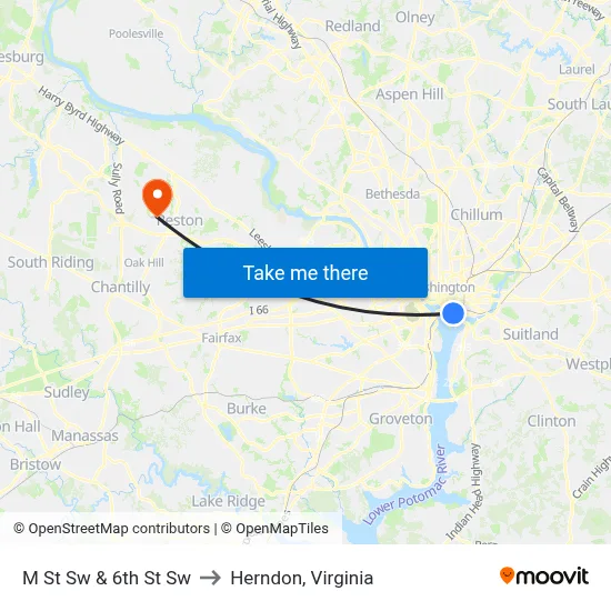 M St Sw & 6th St Sw to Herndon, Virginia map