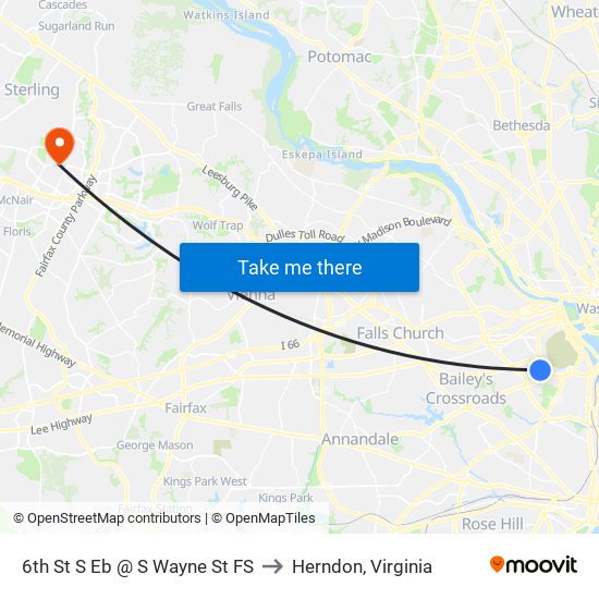 6th St S Eb @ S Wayne St FS to Herndon, Virginia map